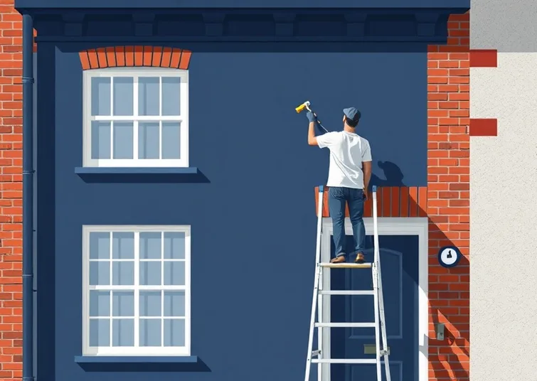 Peintre sur échafaudage traitant la façade d'une maison