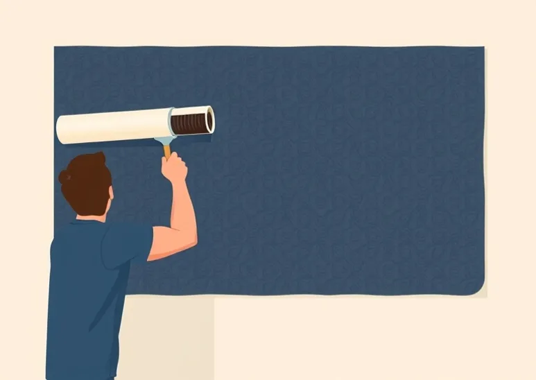 Pose de papier peint, rouleau et brosse à maroufler